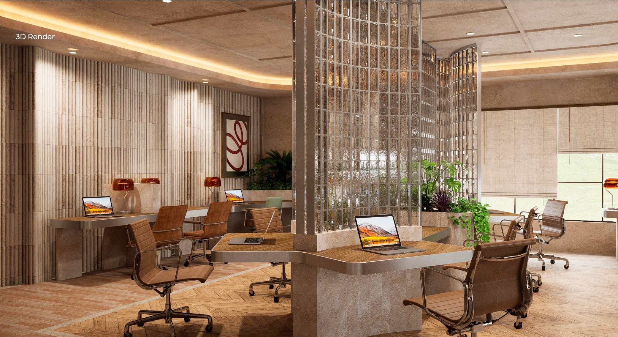 Coworking glass brick divider desks — Azoria, Uluwatu, Bali