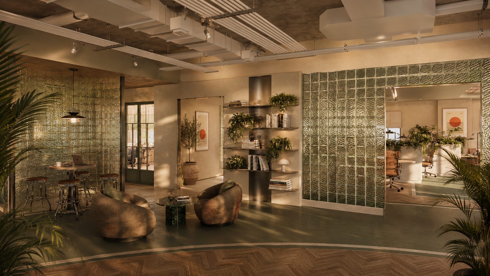 Coworking library lounge glass brick — Azoria, Uluwatu, Bali