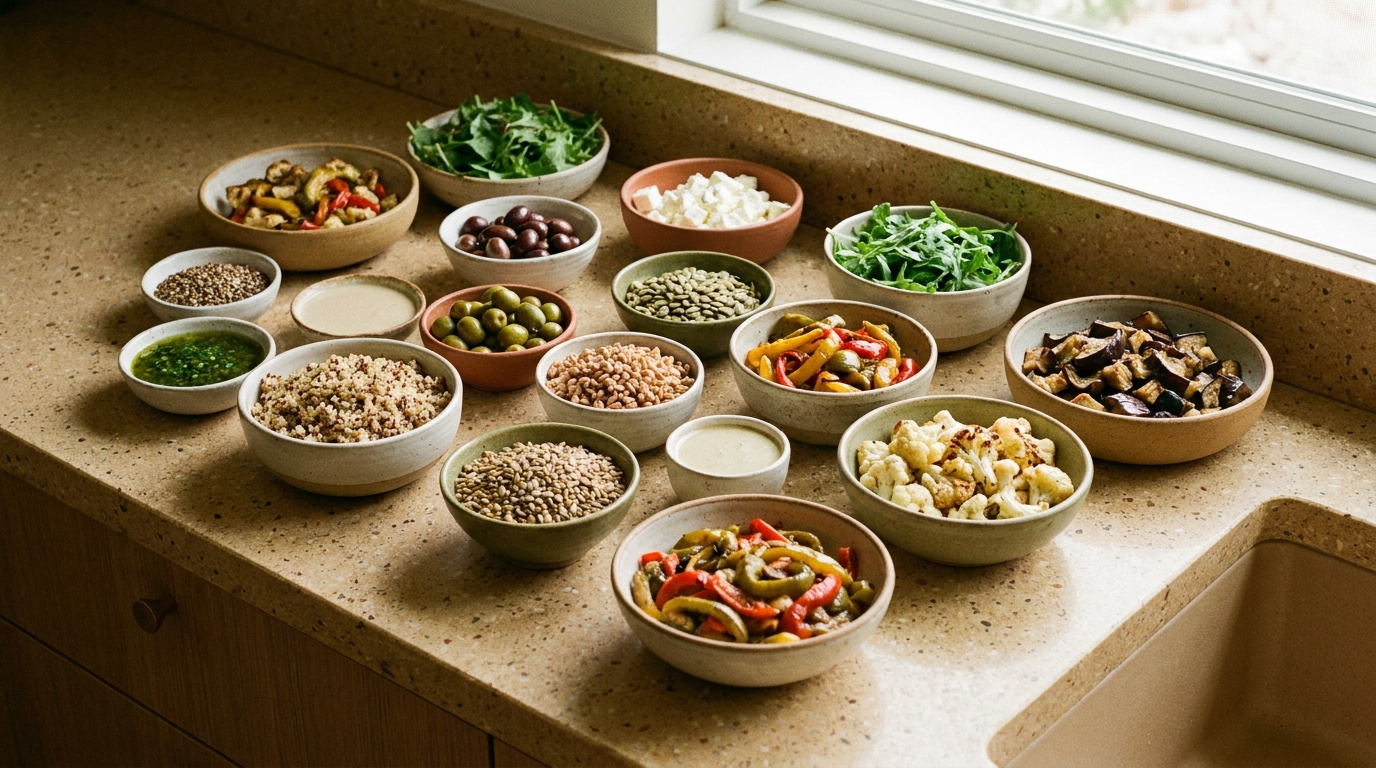 Build-your-own bowls spread — Azoria Dining, Uluwatu, Bali
