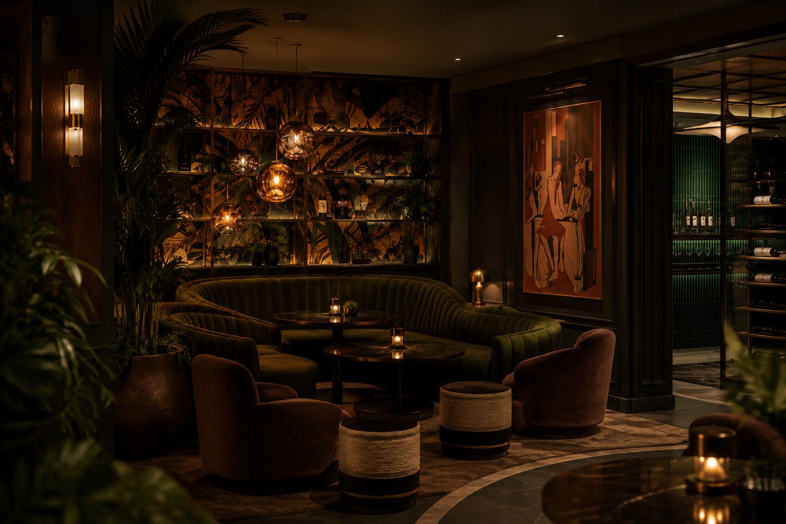Dining cocktail bar green banquette — Azoria, Uluwatu, Bali