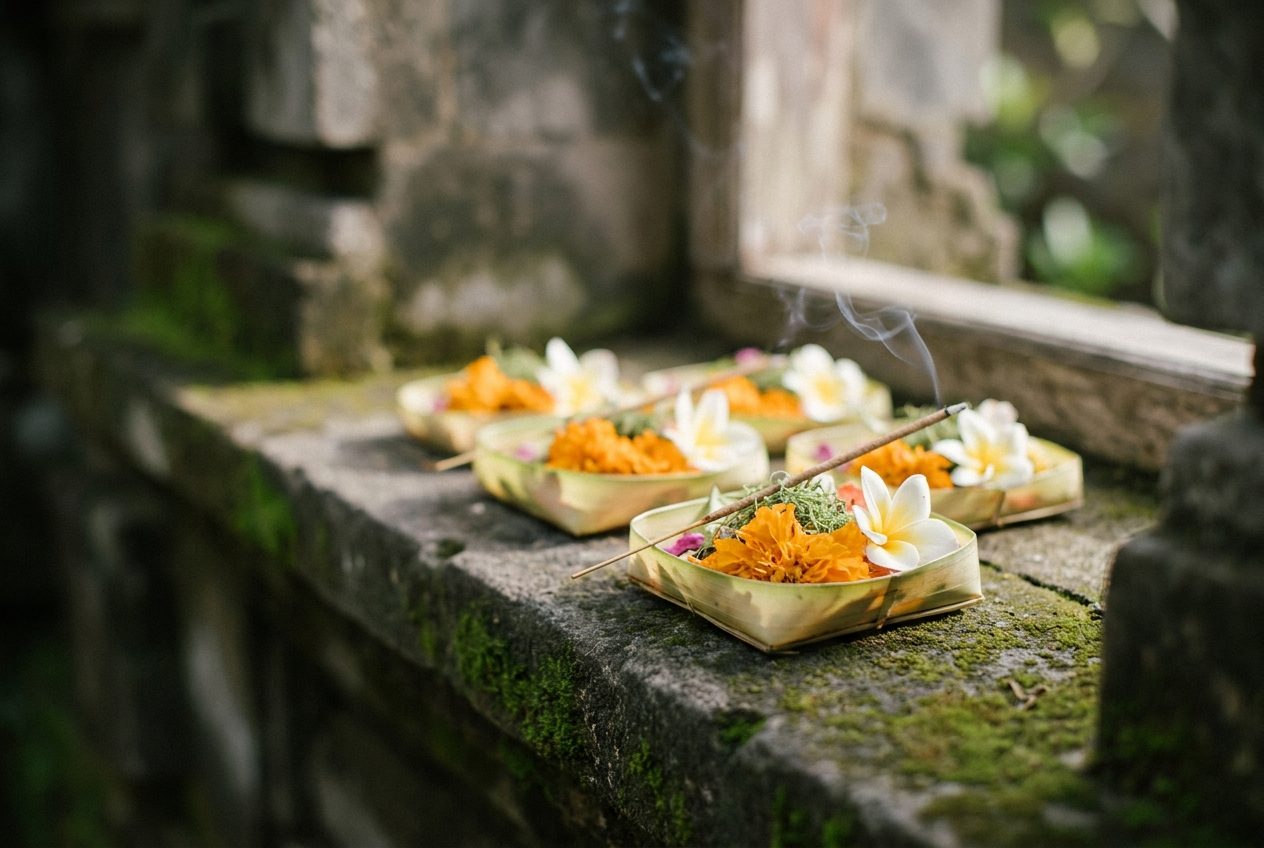 Palm-leaf canang sari offerings with marigold petals, frangipani and incense during Galungan in Bali