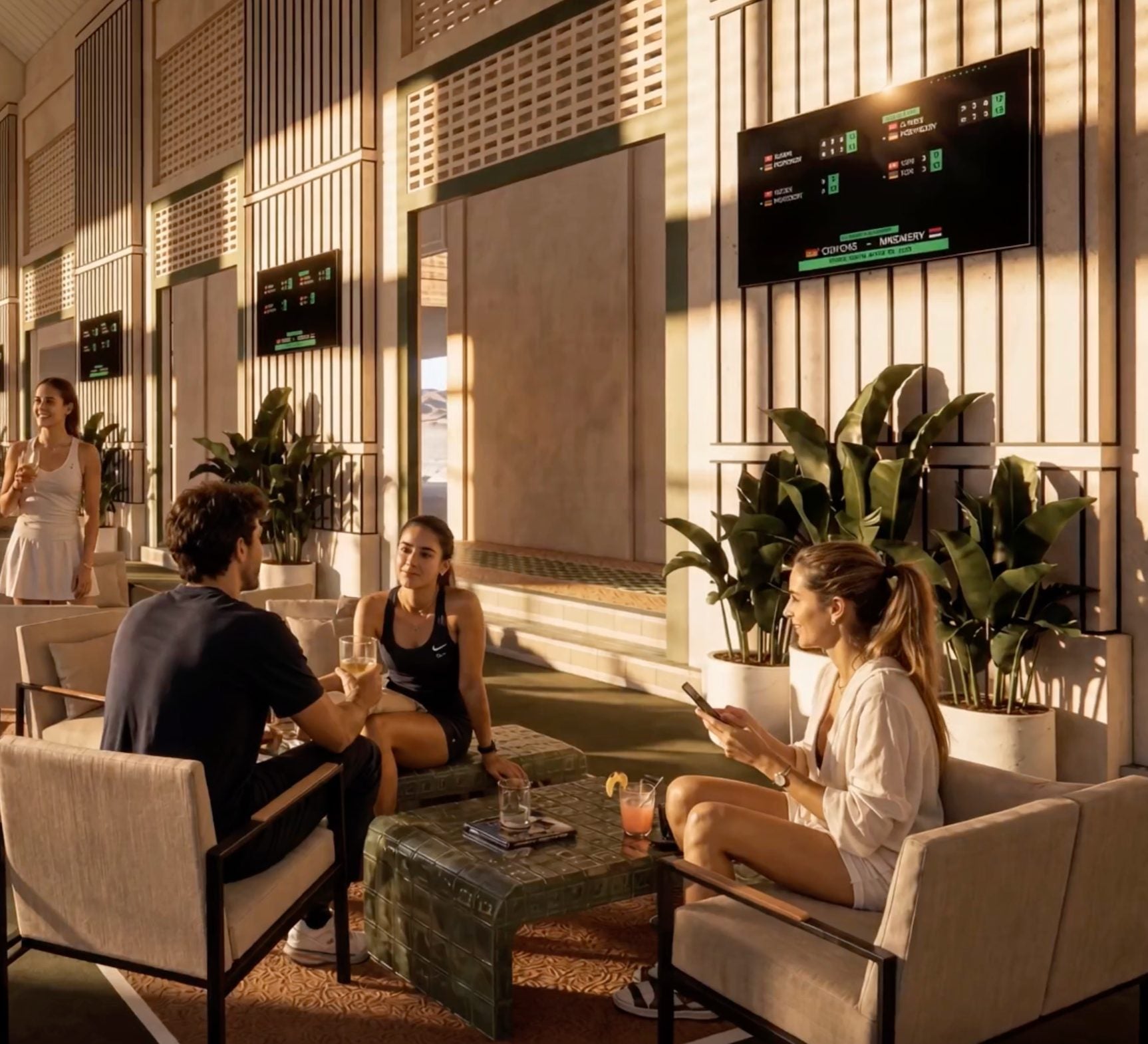 Padel clubhouse lounge scoreboard — Azoria, Uluwatu, Bali