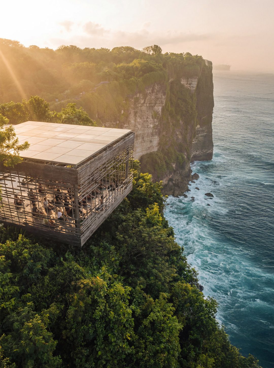 Clifftop view of the Uluwatu coast on the Bukit Peninsula at golden hour