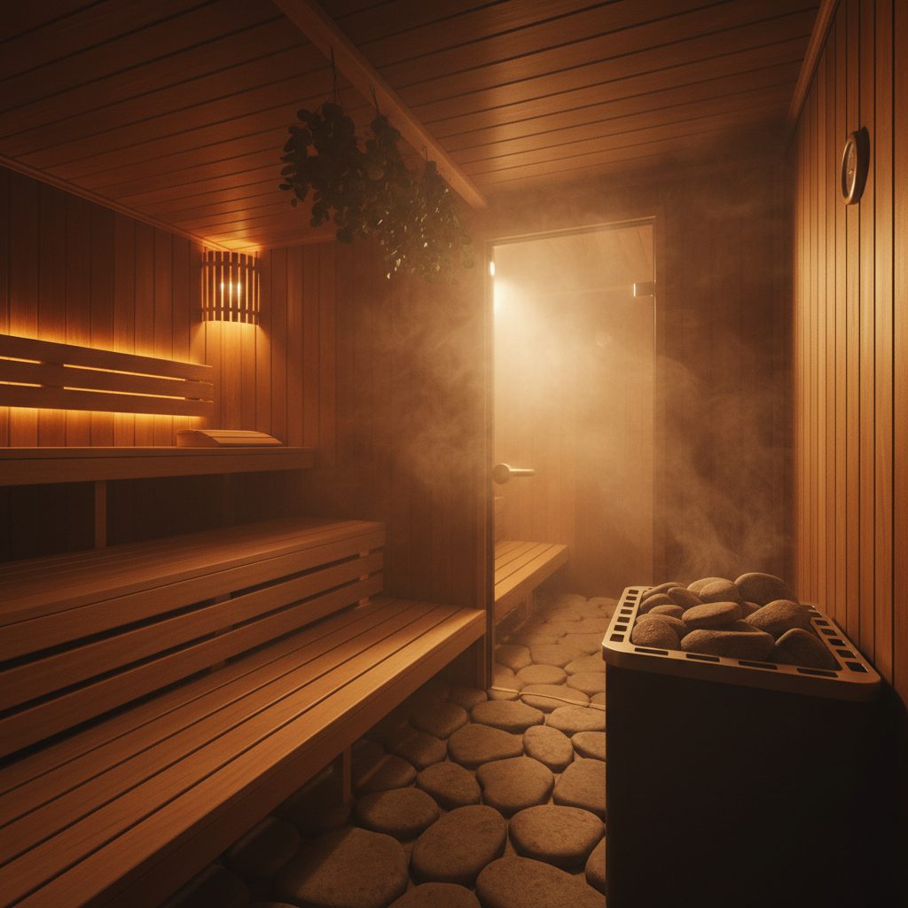 Wellness recovery: sauna wood interior steam — Azoria, Uluwatu, Bali