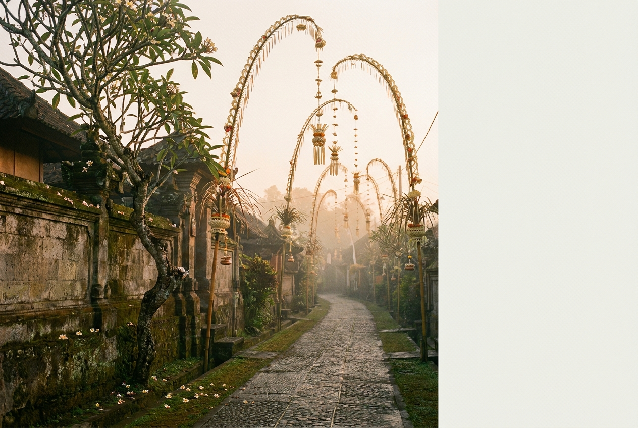 Penjor bamboo poles lining a Bali street during Galungan