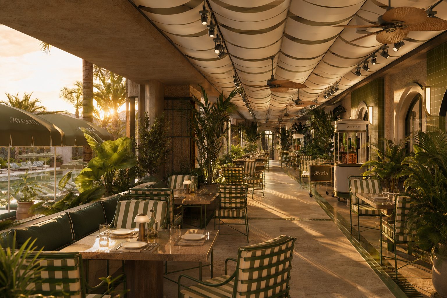 Mediterranean dining terrace at golden hour in Uluwatu, Bali