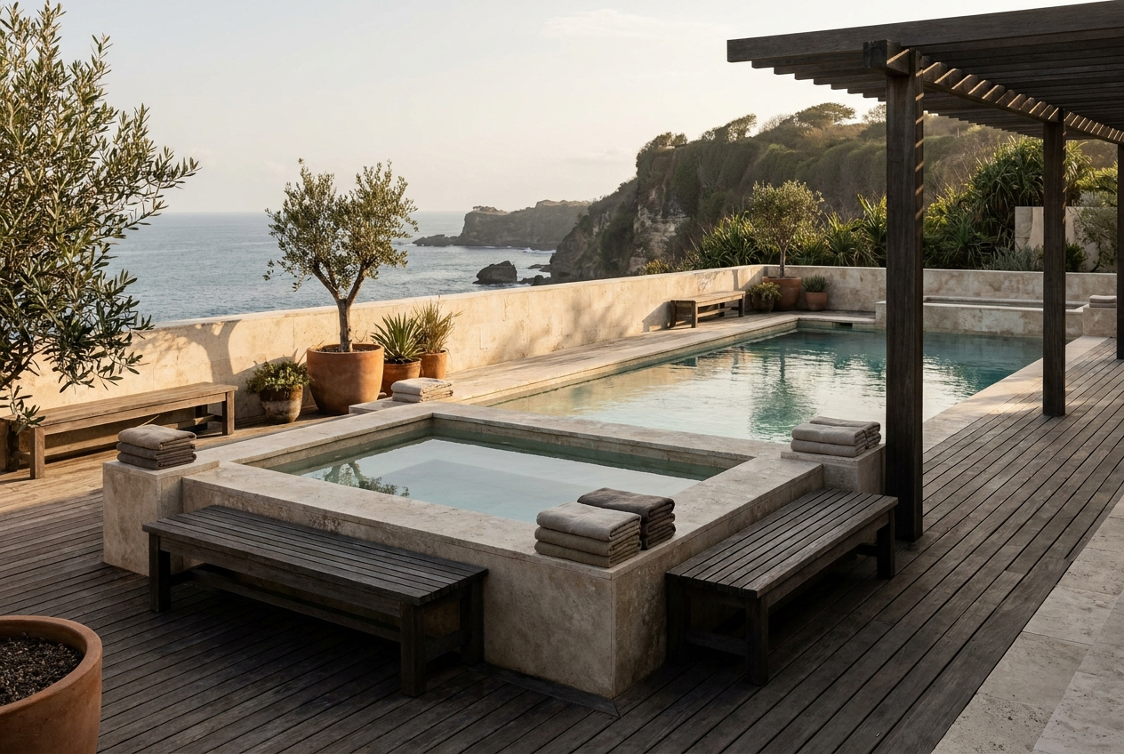 Cold plunge for recovery after padel at Azoria, Uluwatu