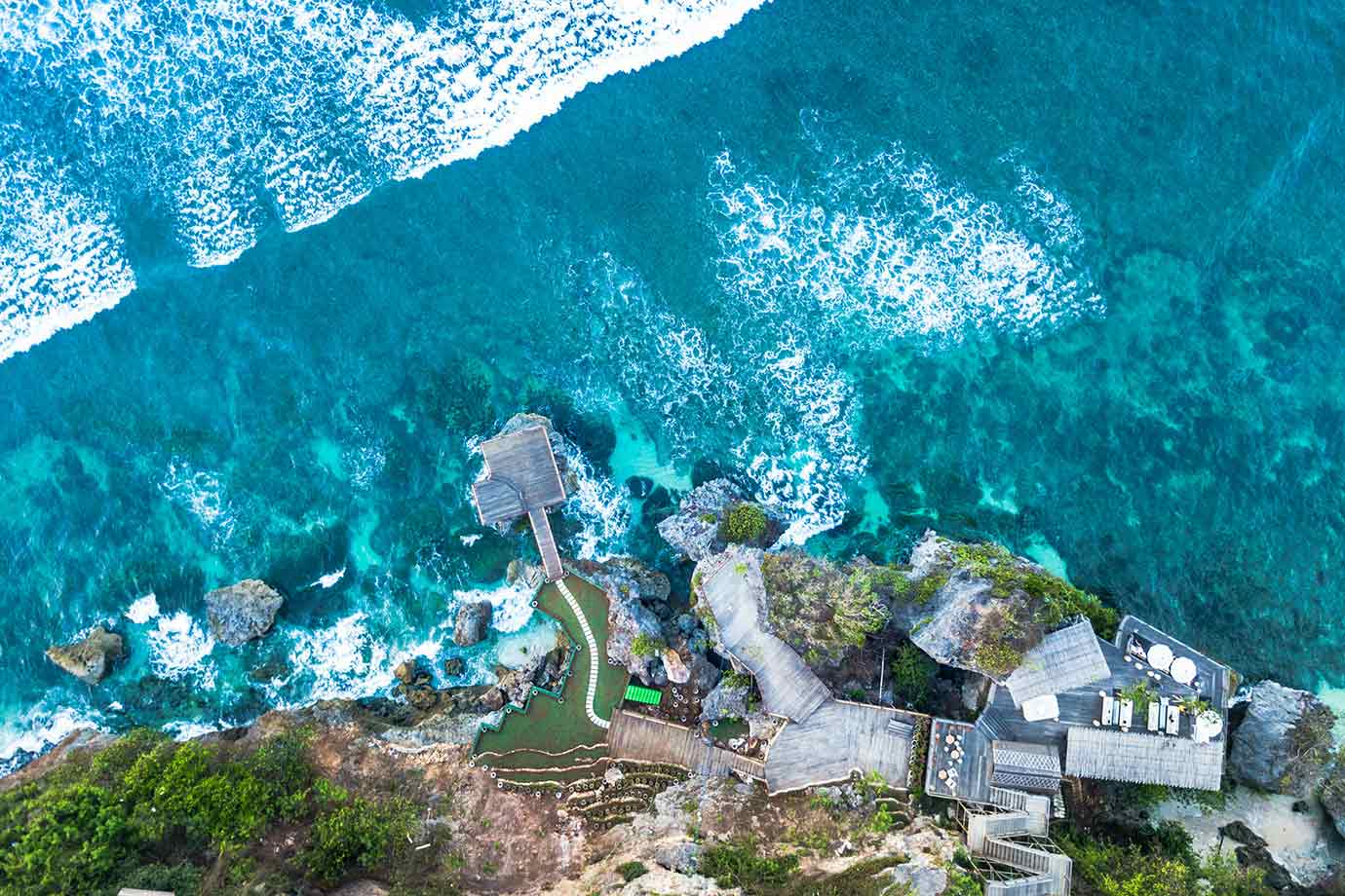 Aerial view of Padang Padang Beach, a small cove in Uluwatu, Bali