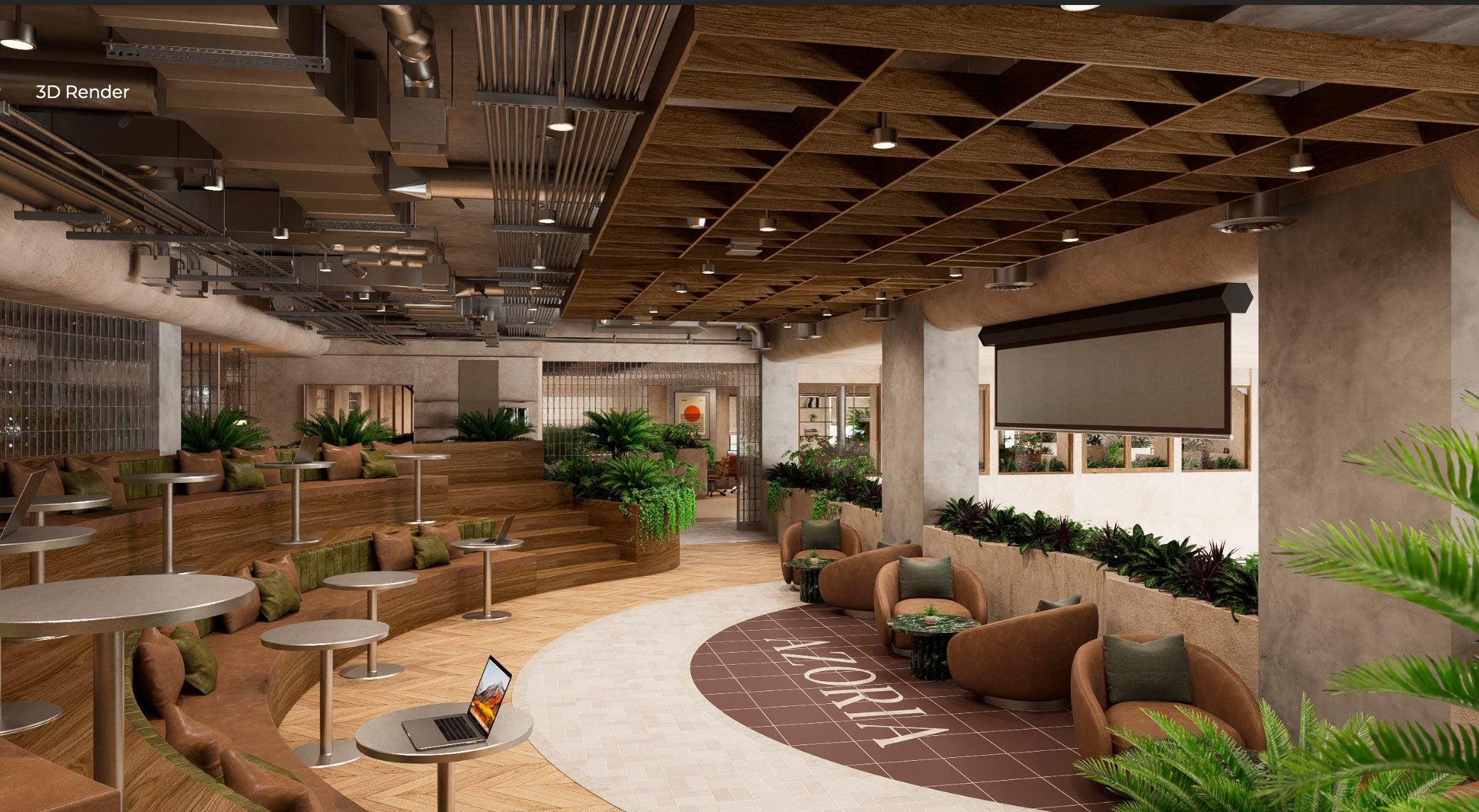 Coworking lounge tiered seating — Azoria, Uluwatu, Bali