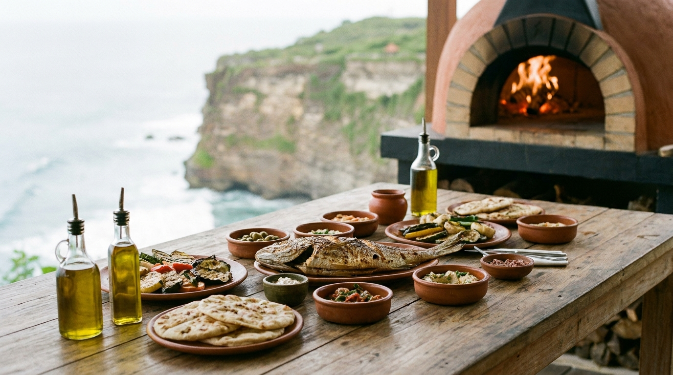 Mediterranean wood-fired sharing table — Azoria Dining, Uluwatu, Bali