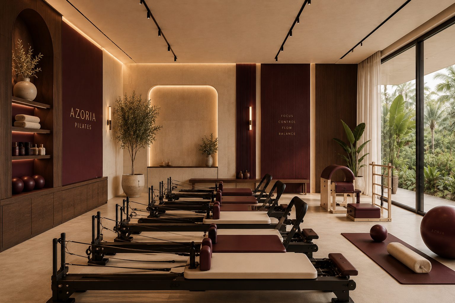 Pilates reformer studio burgundy — Azoria, Uluwatu, Bali