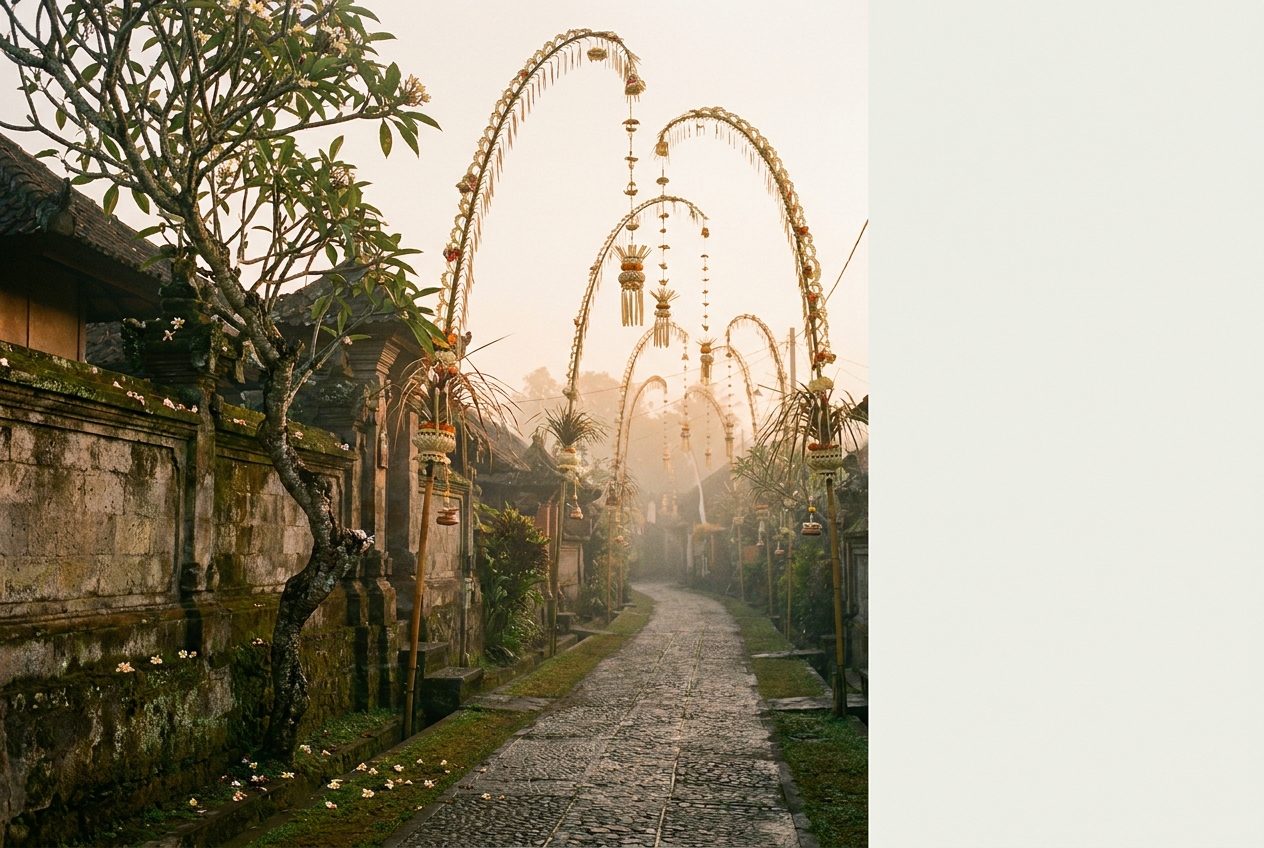 Penjor bamboo poles lining a Bali street during Galungan