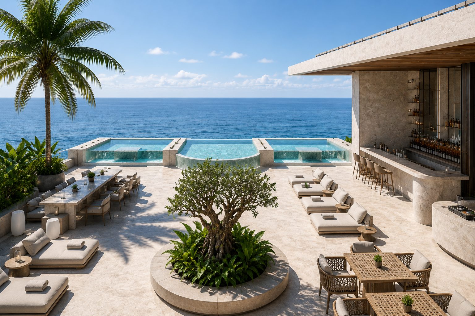 Wellness recovery: clifftop pool terrace bar — Azoria, Uluwatu, Bali