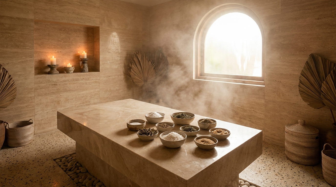 Body scrub hammam room with a marble slab — Azoria Wellness, Uluwatu, Bali