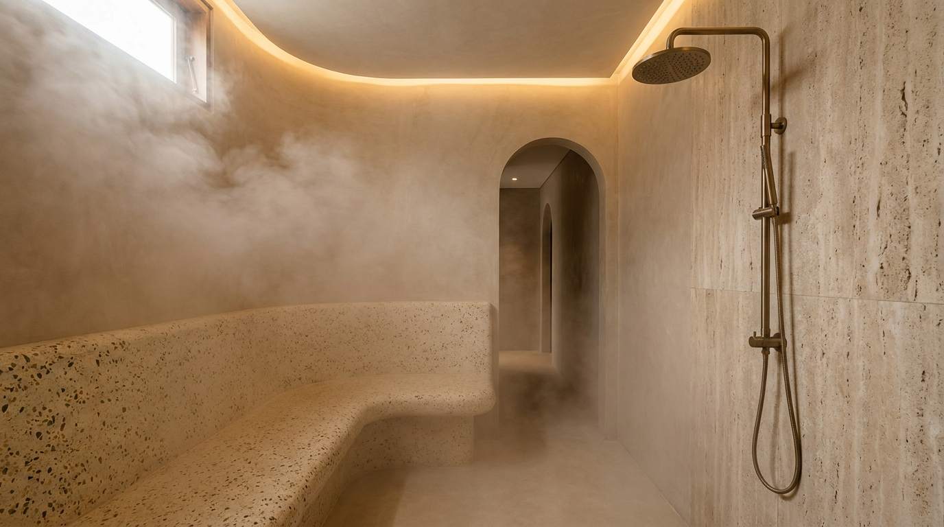 Marble steam room with arched doorway — Azoria Wellness, Uluwatu, Bali